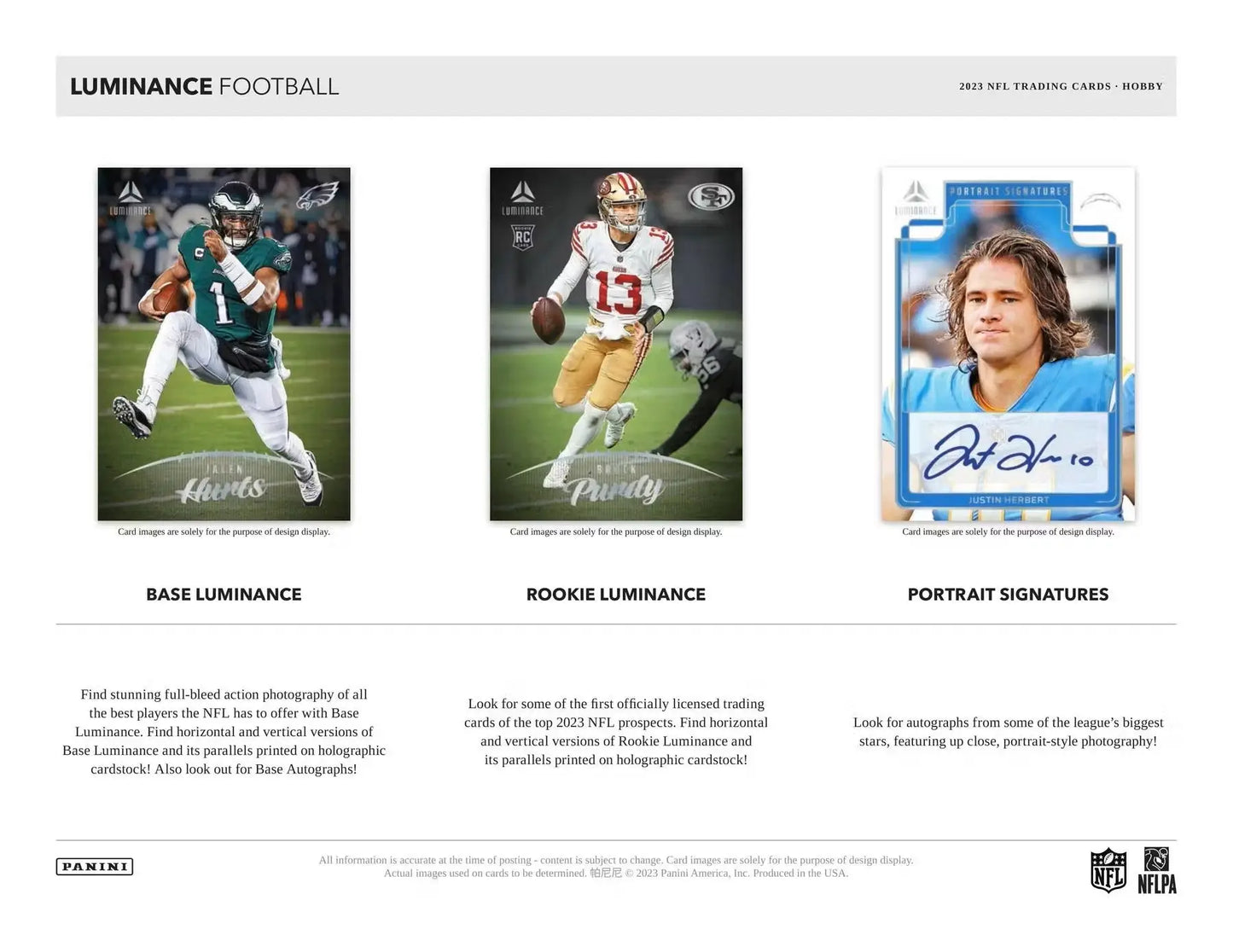Promotional flyer for 2023 Panini Luminance Football Hobby Box featuring base luminance and rookie luminance cards