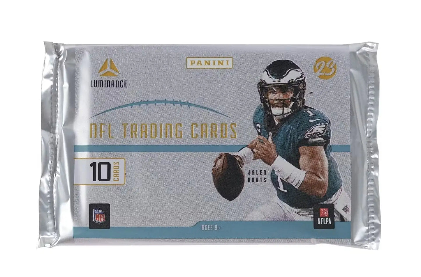 Sealed pack of 2023 Panini Luminance NFL trading cards featuring Jalen Hurts and rookie luminance