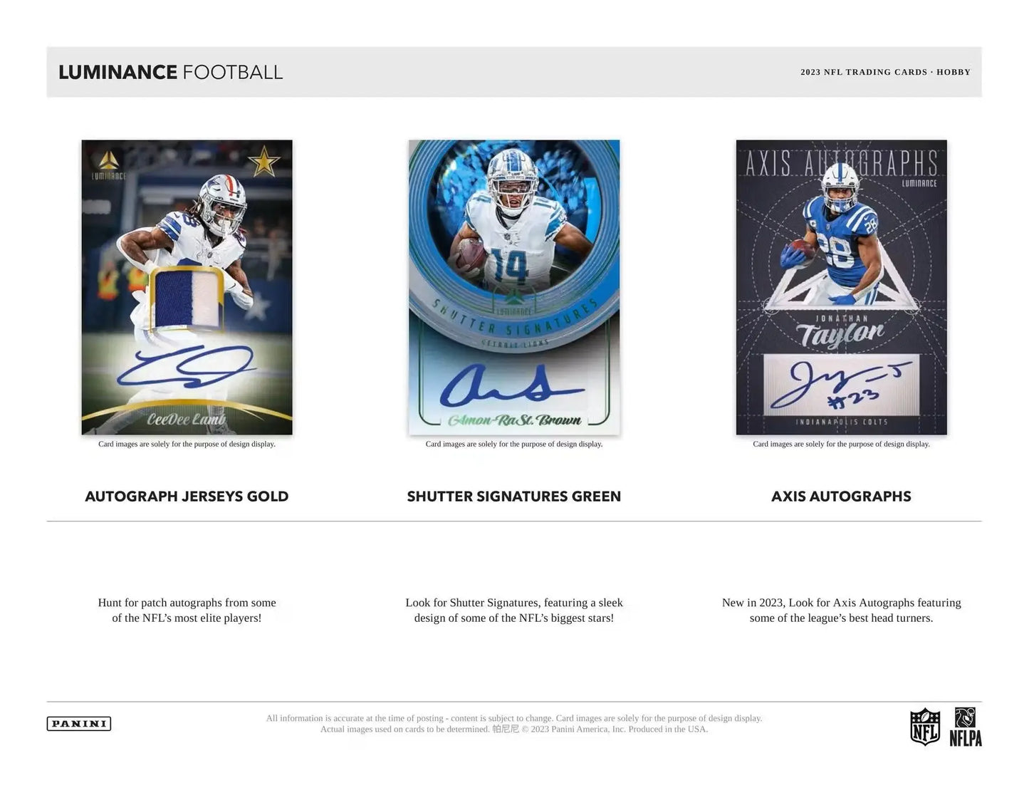 Collectible football trading cards with autographed players from 2023 Panini Luminance Football Hobby Box