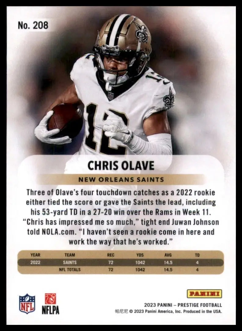 2023 Panini Prestige Chris Olave NFL football card featuring New Orleans Saints player