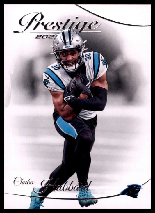 Football card featuring Chuba Hubbard in Carolina Panthers uniform from 2023 Panini Prestige