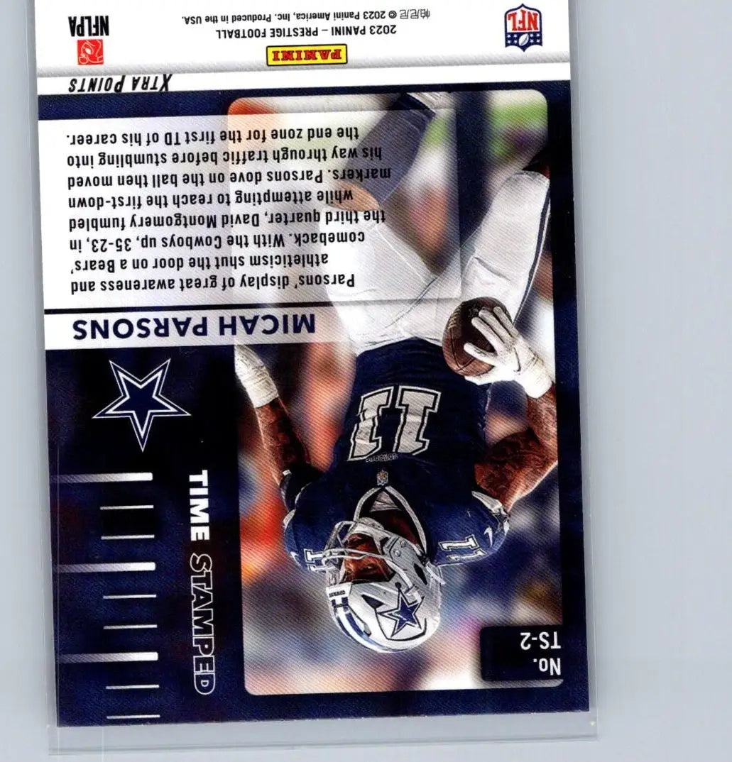 American football trading card featuring Micah Parsons from 2023 Panini Prestige Parsons Time Stamped