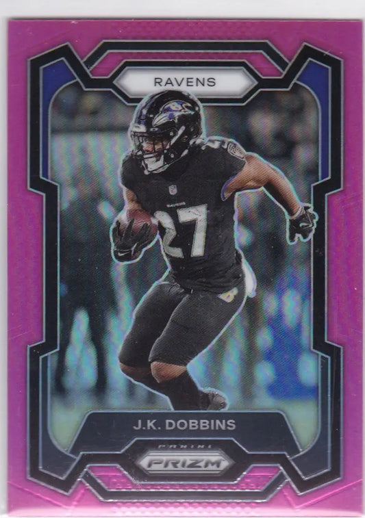 Dobbins Pink Baltimore trading card from Panini Prizm featuring J.K. Dobbins Ravens