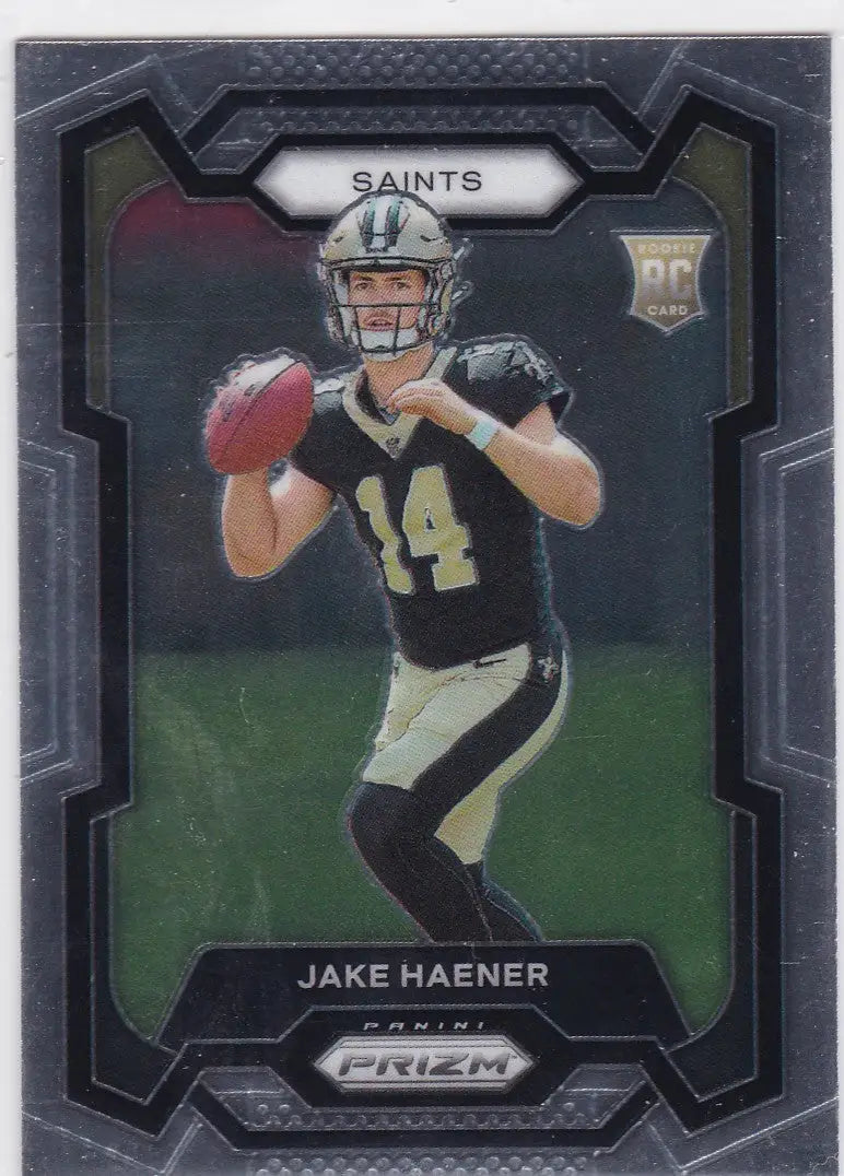 2023 Panini Prizm Jake Haener RC football card featuring New Orleans Saints player