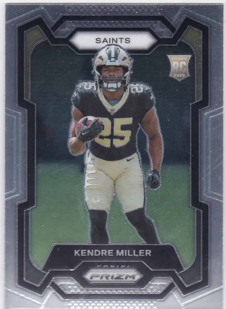 Black and gold Panini Prizm Kendre Miller football trading card featuring Orleans Saints