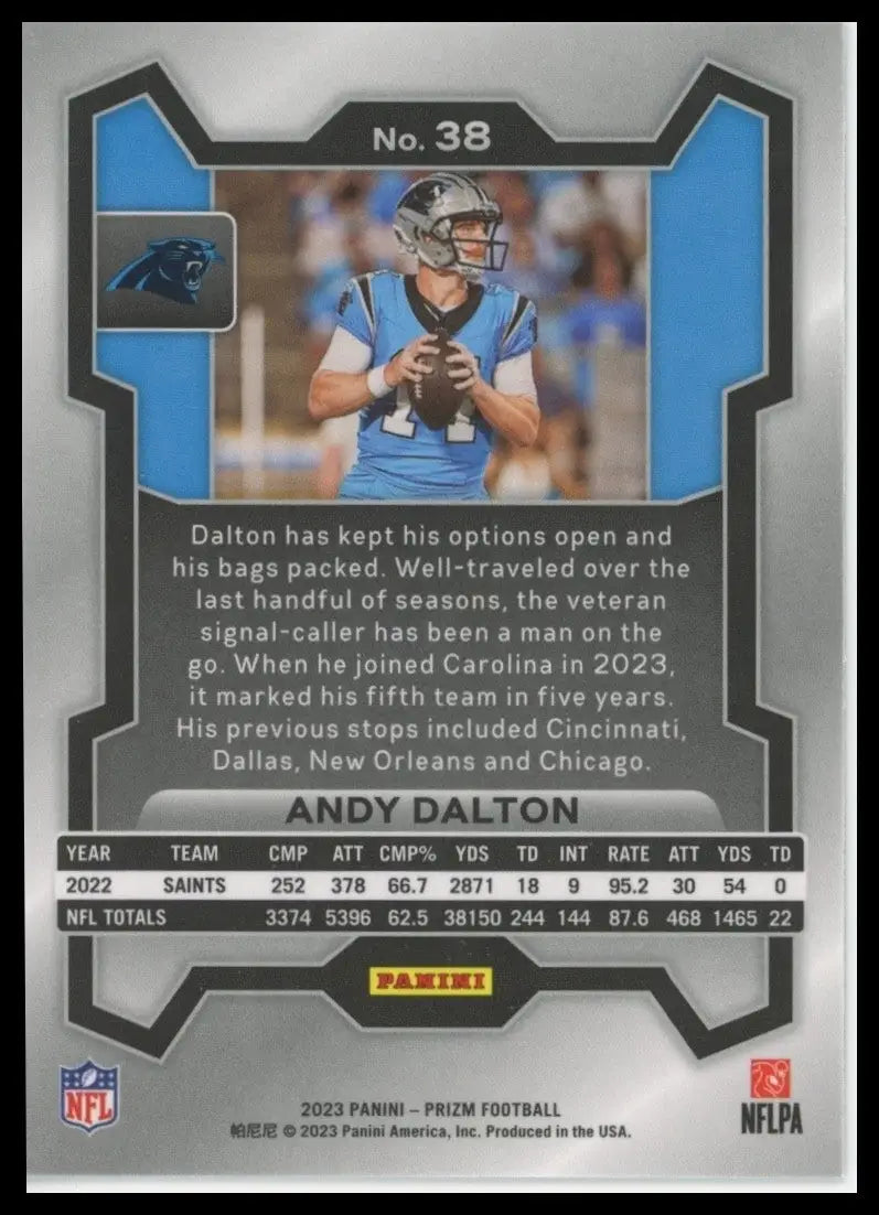 2023 Panini Prizm Andy Dalton football card featuring player stats and Carolina Panthers team history