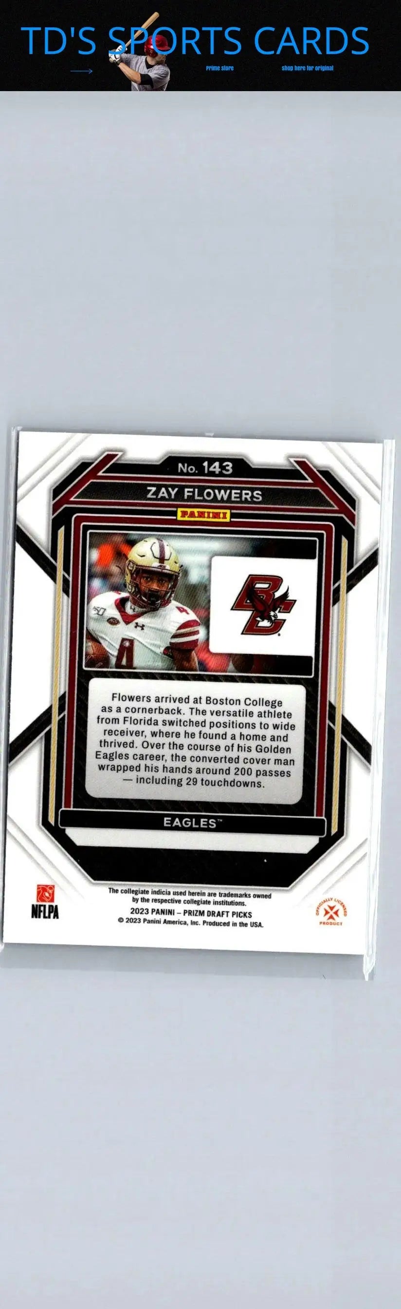 Zay Flowers football card from 2023 Panini Prizm Draft Picks set #143