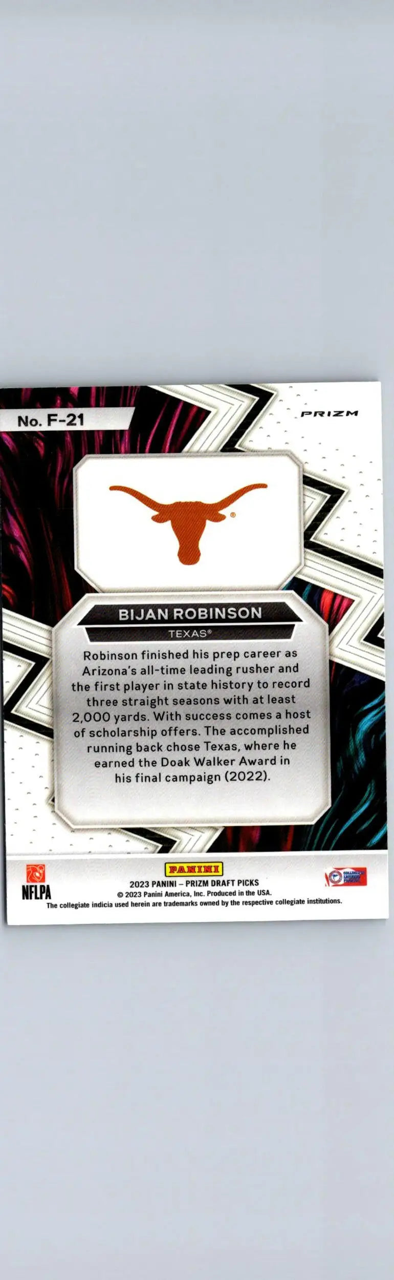 Bijan Robinson football card from Panini Prizm Draft Picks 2023 Fearless Green series