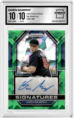 Autographed Panini Prizm Owen Murphy baseball card showcasing green auto, Arena Club 10
