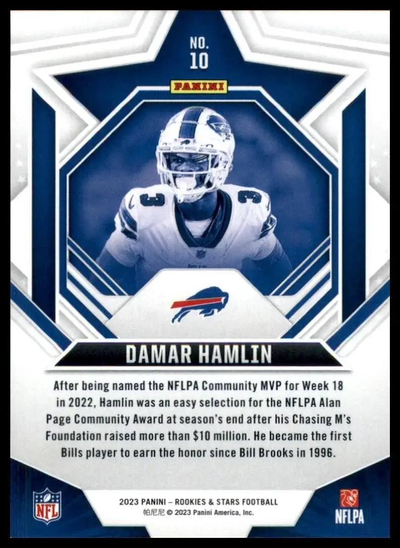 Football card featuring Damar Hamlin from 2023 Panini Rookies & Stars NFL collection
