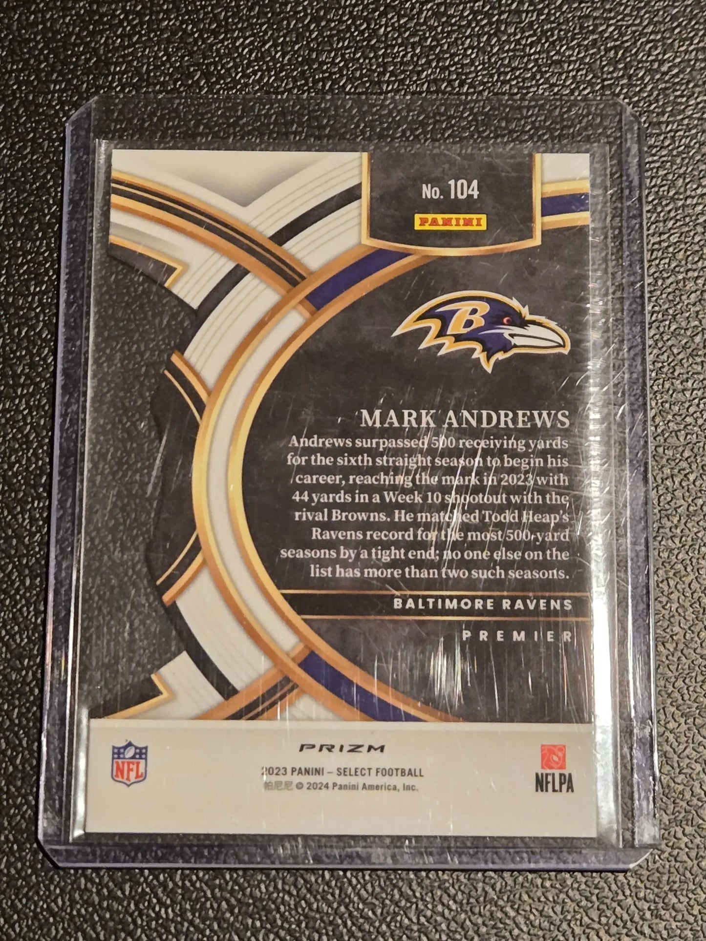Mark Andrews football card with green and yellow prizms die cuts from 2023 Panini Select