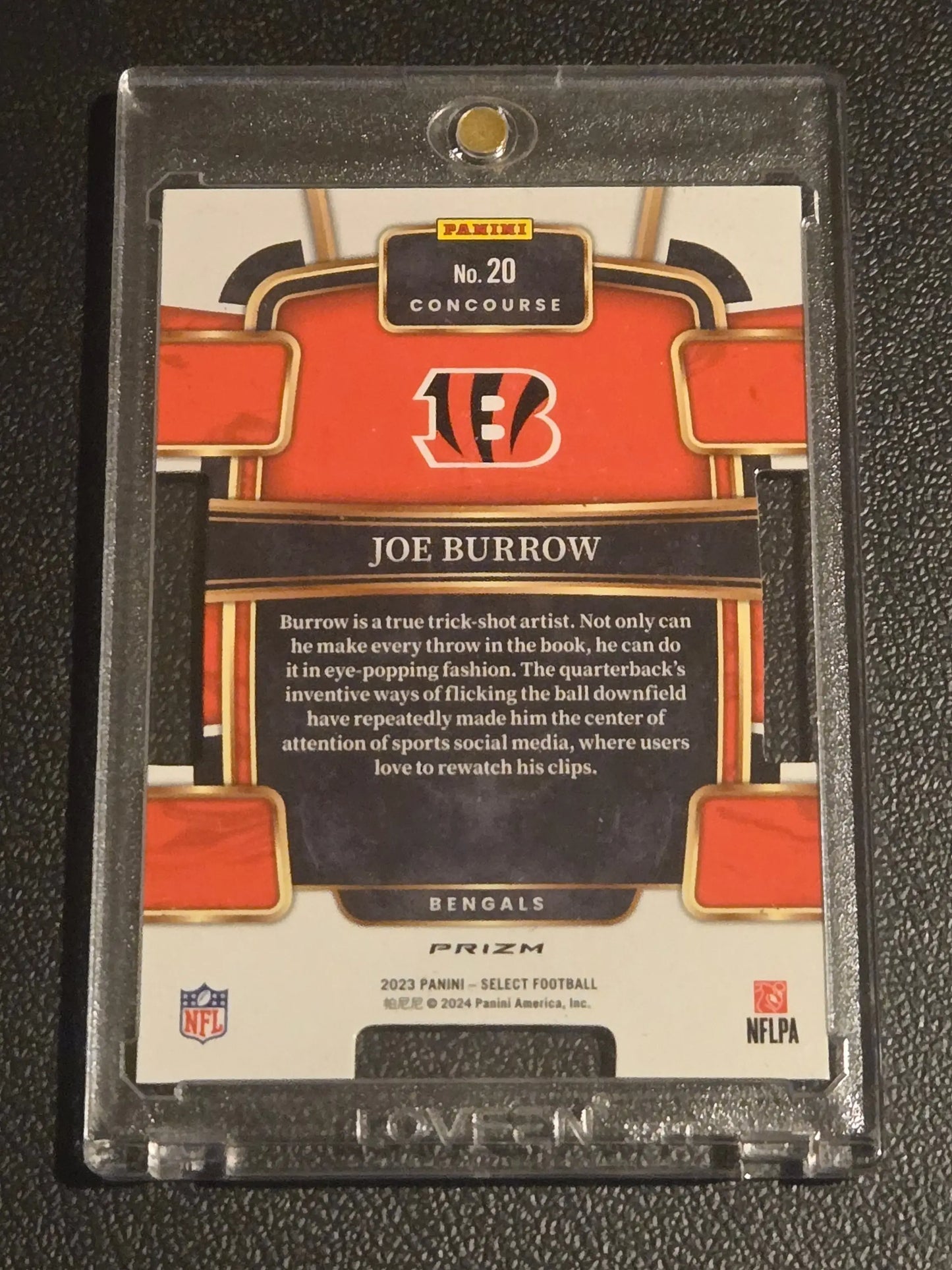Joe Burrow silver trading card in protective case from 2023 Panini Select Burrow Silver Prizms