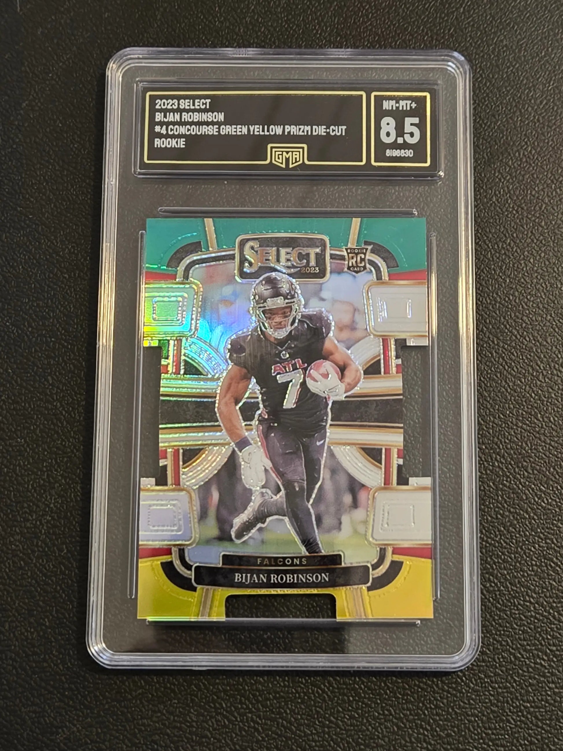 2023 Panini Select Bijan Robinson Green and Yellow Prizms Die Cuts GMA 8.5