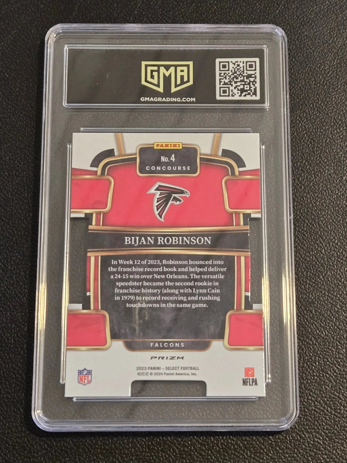Graded Bijan Robinson Green and Yellow Prizms Die Cuts Football Trading Card in Clear Slab