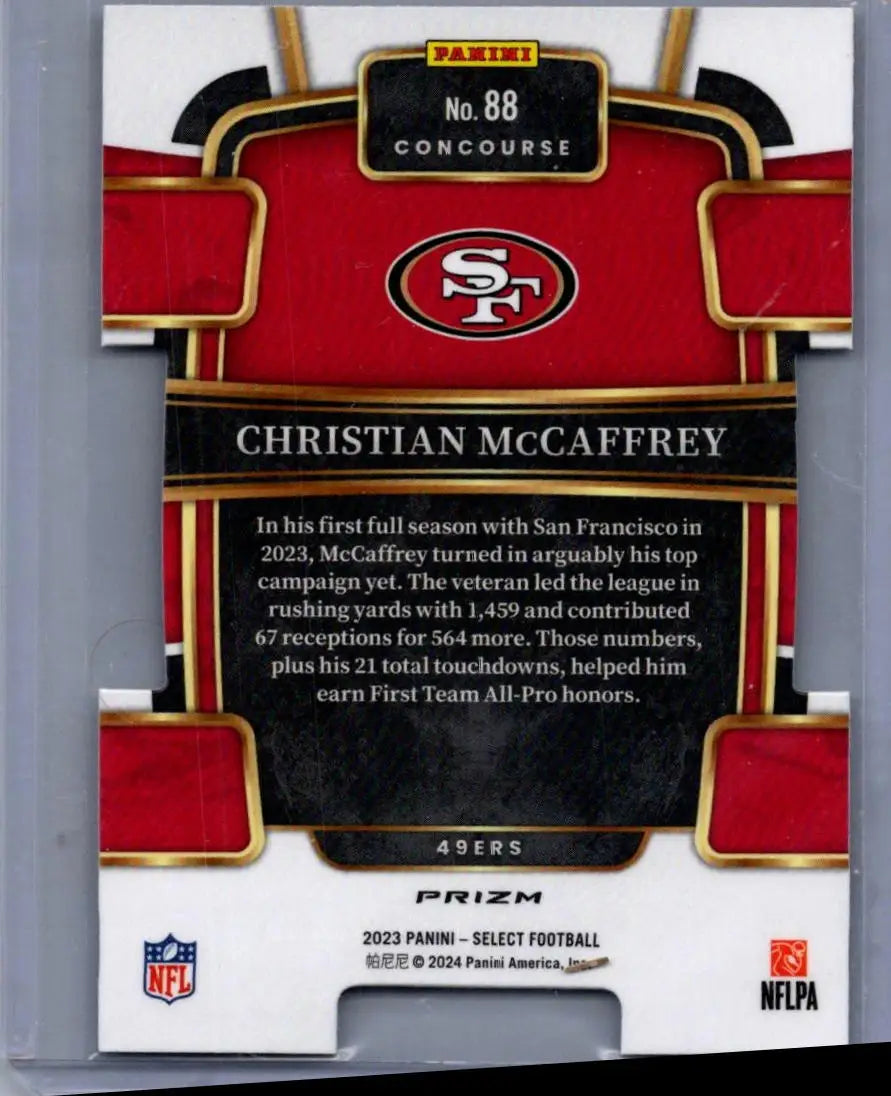 Back of a Christian McCaffrey 2023 Panini Select Black and Red Prizms Die Cuts card