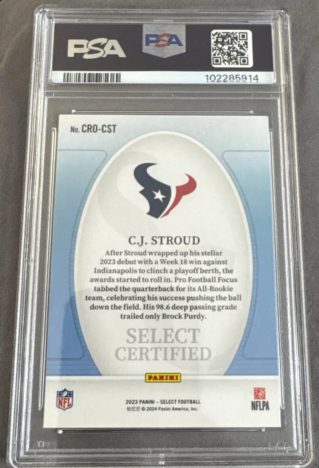 Graded C.J. Stroud trading card from 2023 Panini Select Certified Rookies set