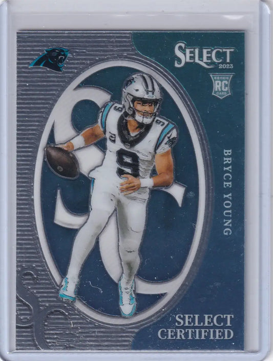 2023 Panini Select Bryce Young rookie football card featuring Carolina Panthers logo