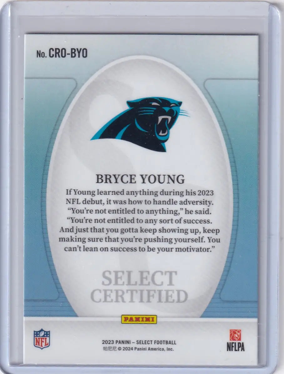 Back of a Bryce Young Carolina Panthers Panini Select trading card 2023