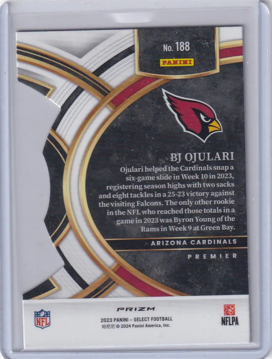 Back of a Panini Select Diecut football trading card featuring BJ Ojulari of the Arizona Cardinals