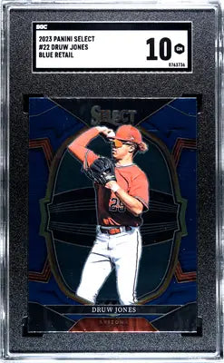 A graded Panini Select Druw Jones baseball trading card from 2023 Panini Select series