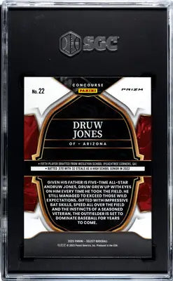 Graded Panini Select Druw Jones baseball trading card displayed in 2023 Panini Select product