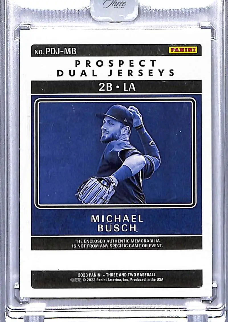 Michael Busch baseball card from 2023 Panini Three and Two Prospect Dual Jerseys set