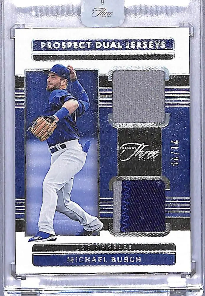 Michael Busch baseball card from 2023 Panini Three and Two Prospect Dual Jerseys series