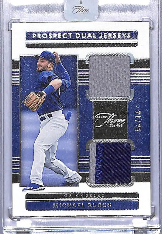 Michael Busch baseball card from 2023 Panini Three and Two Prospect Dual Jerseys series