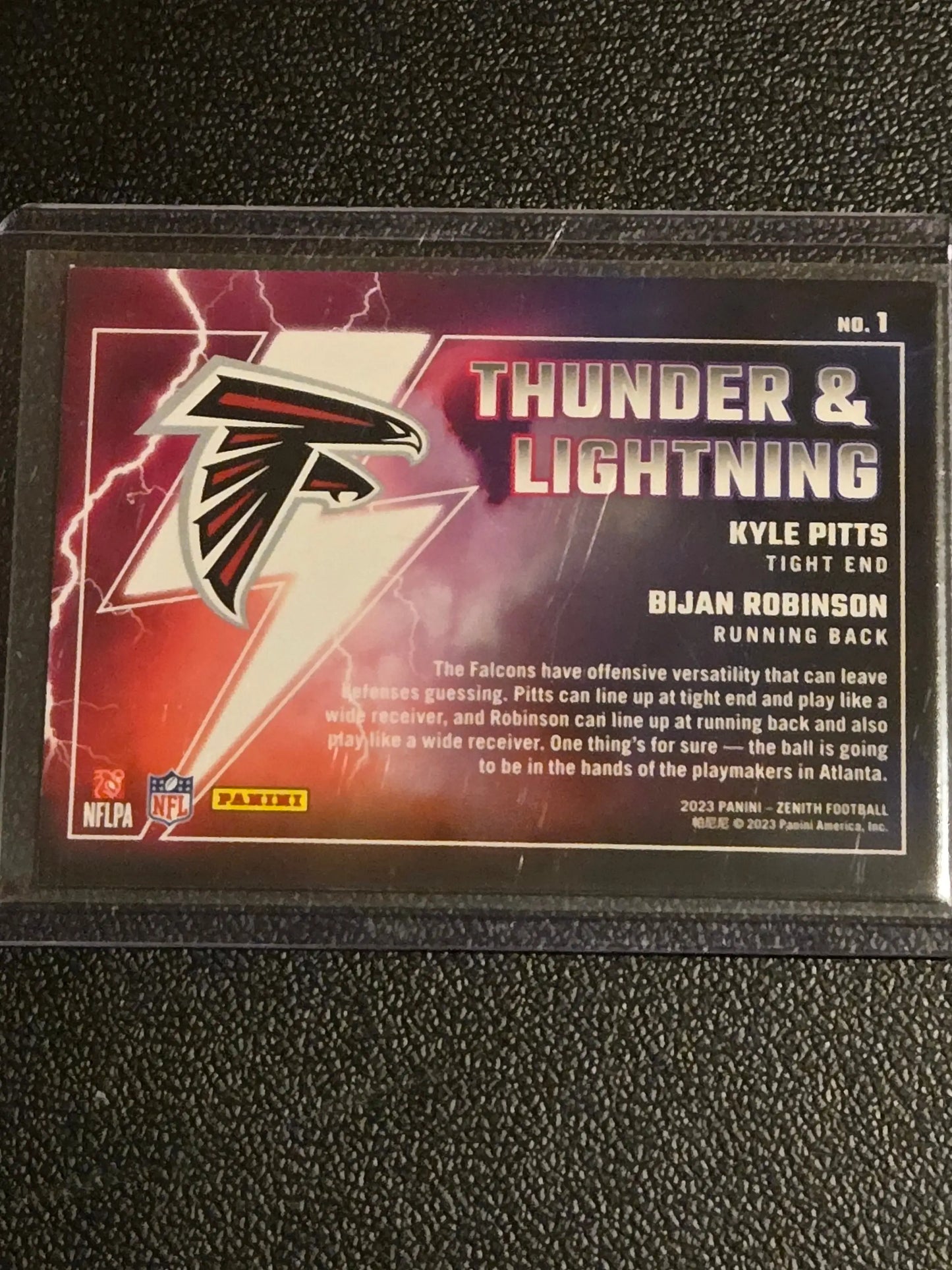 Football trading card featuring Atlanta Falcons Kyle Pitts Thunder and Bijan Robinson Blue