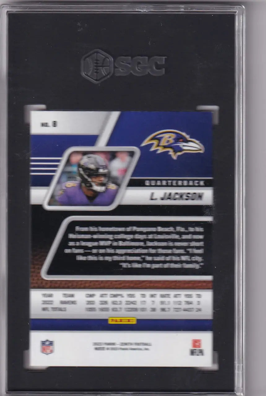 Lamar Jackson SGC 8 football card from 2023 Panini Zenith, Baltimore Ravens collectible