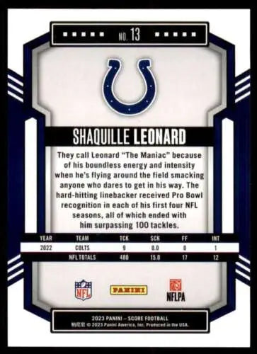 2023 Score #13 Shaquille Leonard football card with original gloss and near mint condition