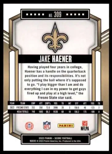 2023 Score #309 Jake Haener NM Near Mint RC Rookie football card with original gloss