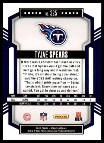 Tyjae Spears football card, 2023 Score #325, mint RC rookie, original gloss condition