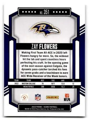Back of 2023 Score #351 Zay Flowers trading card showcasing player stats and details
