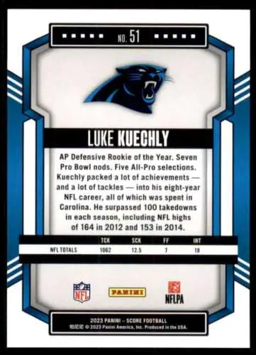 2023 Score #51 Luke Kuechly football card with original gloss, Near Mint condition