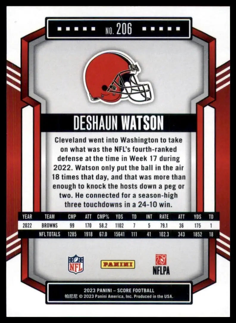 Back of a 2023 Score Gold Deshaun Watson football card featuring NFL Cleveland Browns player