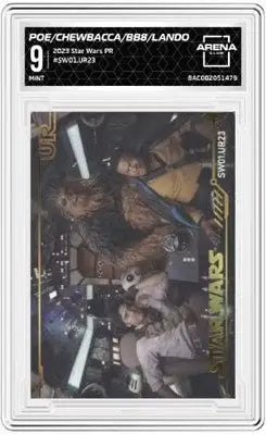 Star Wars trading card featuring Poe Chewbacca Lando BB-8 Arena Club 2023 RSW01 UR23