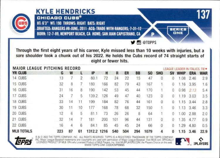 2023 Topps Kyle Hendricks Chicago Cubs baseball card in NM-MT condition