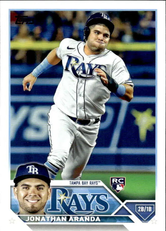 2023 Topps Jonathan Aranda Tampa Bay Rays rookie baseball card displayed