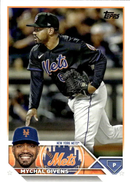 Mychal Givens in black New York Mets uniform mid-pitch on 2023 baseball card
