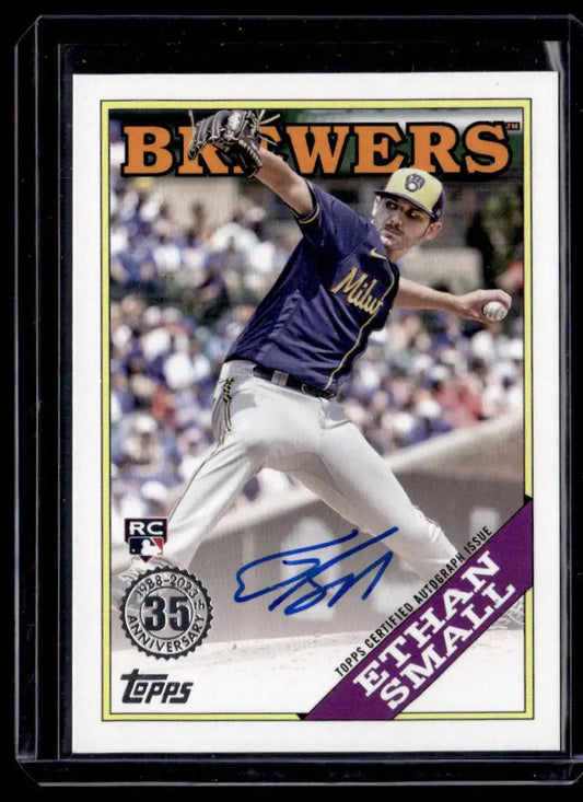 Signed Milwaukee Brewers Baseball Card of Ethan Small in mid-delivery navy uniform