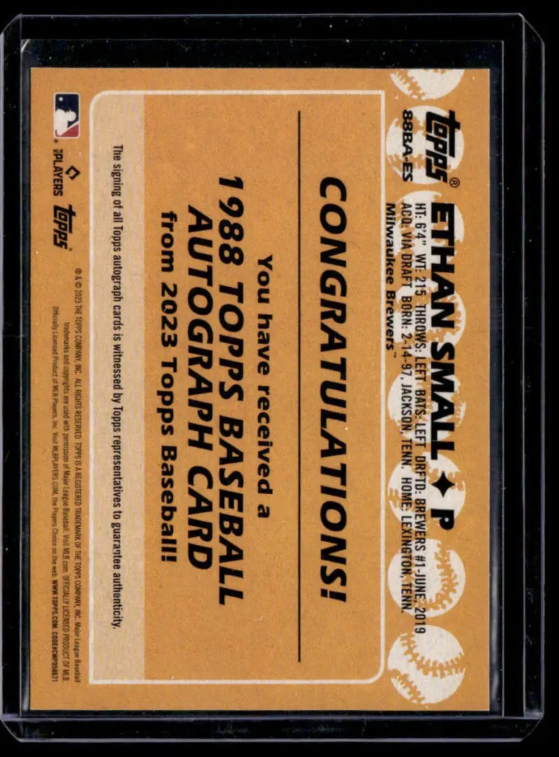 Ethan Small Milwaukee Brewers Baseball Card with orange background and black text