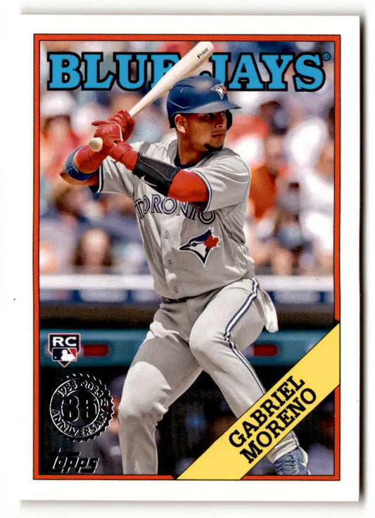 Baseball card of Gabriel Moreno in gray road uniform for Toronto Blue Jays