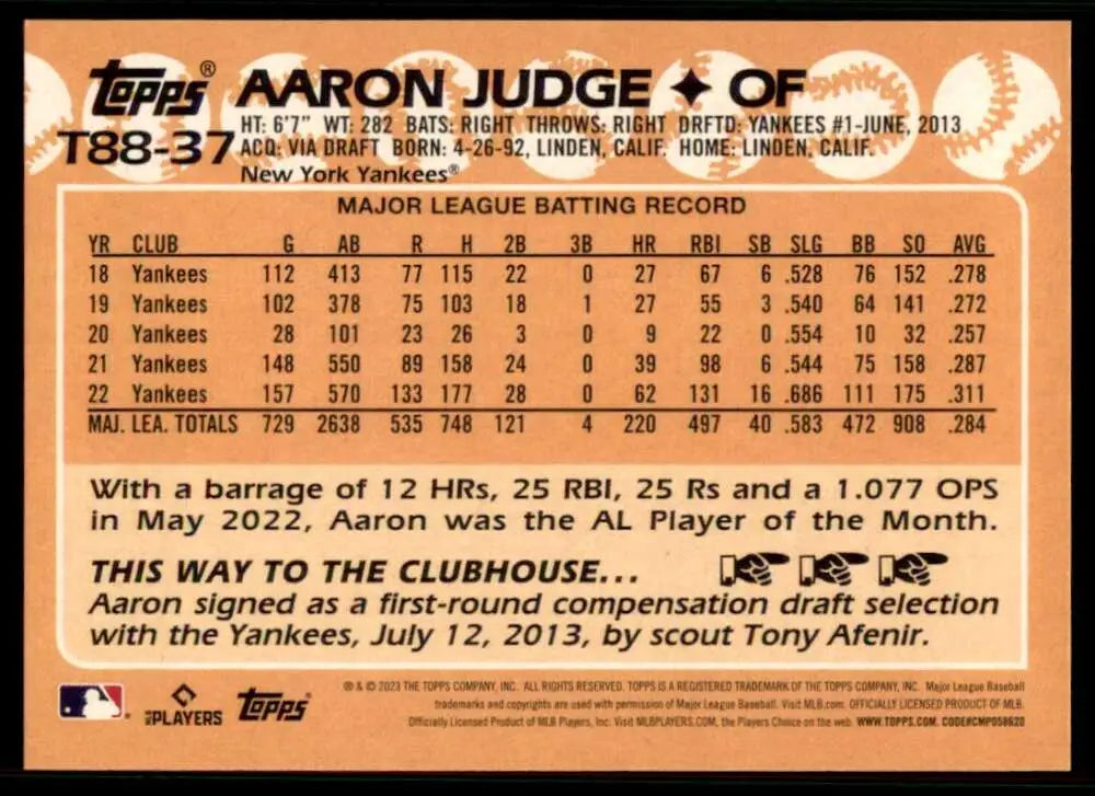 Aaron Judge New York Yankees baseball card with MLB stats and career highlights