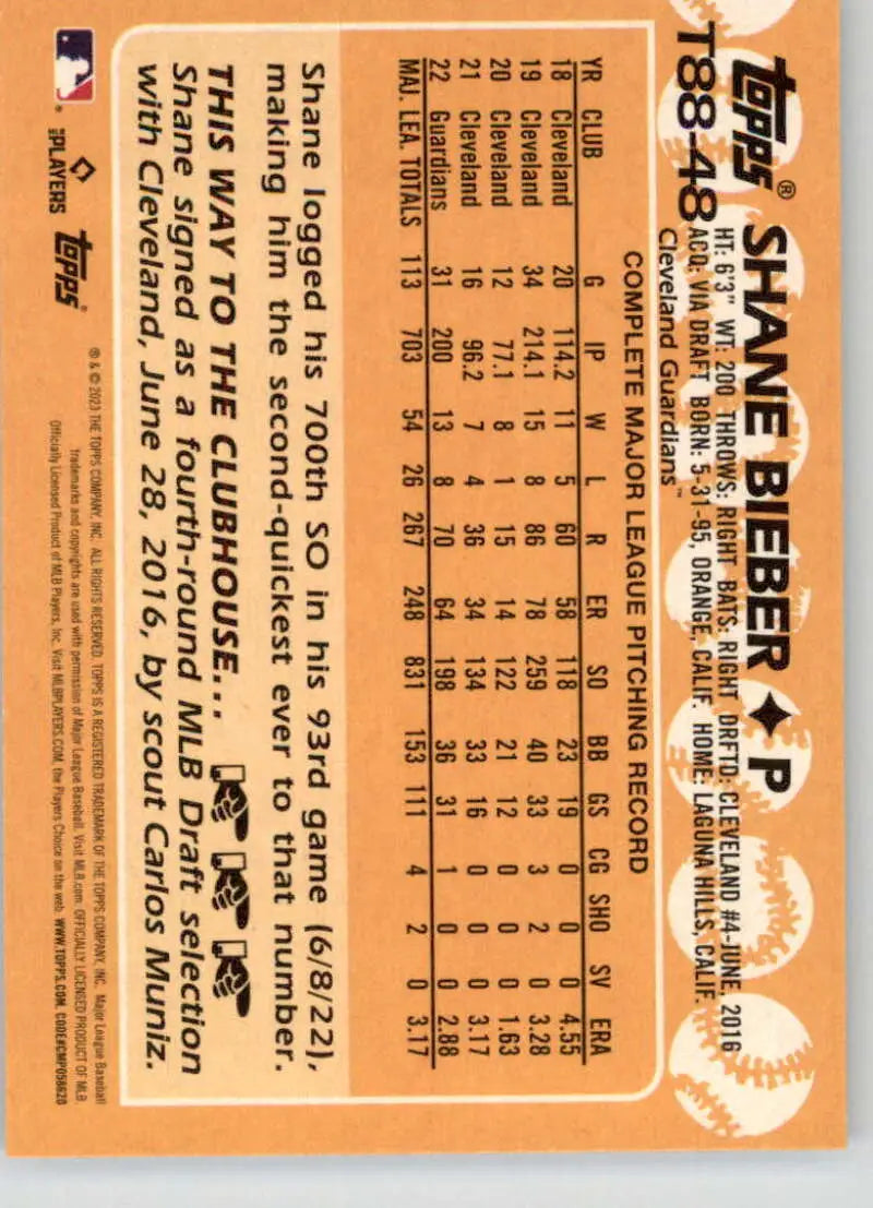 Baseball card featuring Shane Bieber’s stats in orange for Cleveland Guardians fans