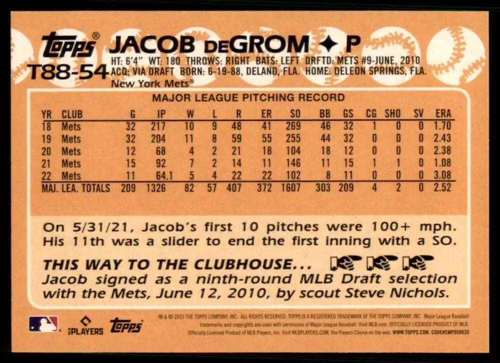 Jacob deGrom New York Mets baseball card showing MLB pitching statistics and career info