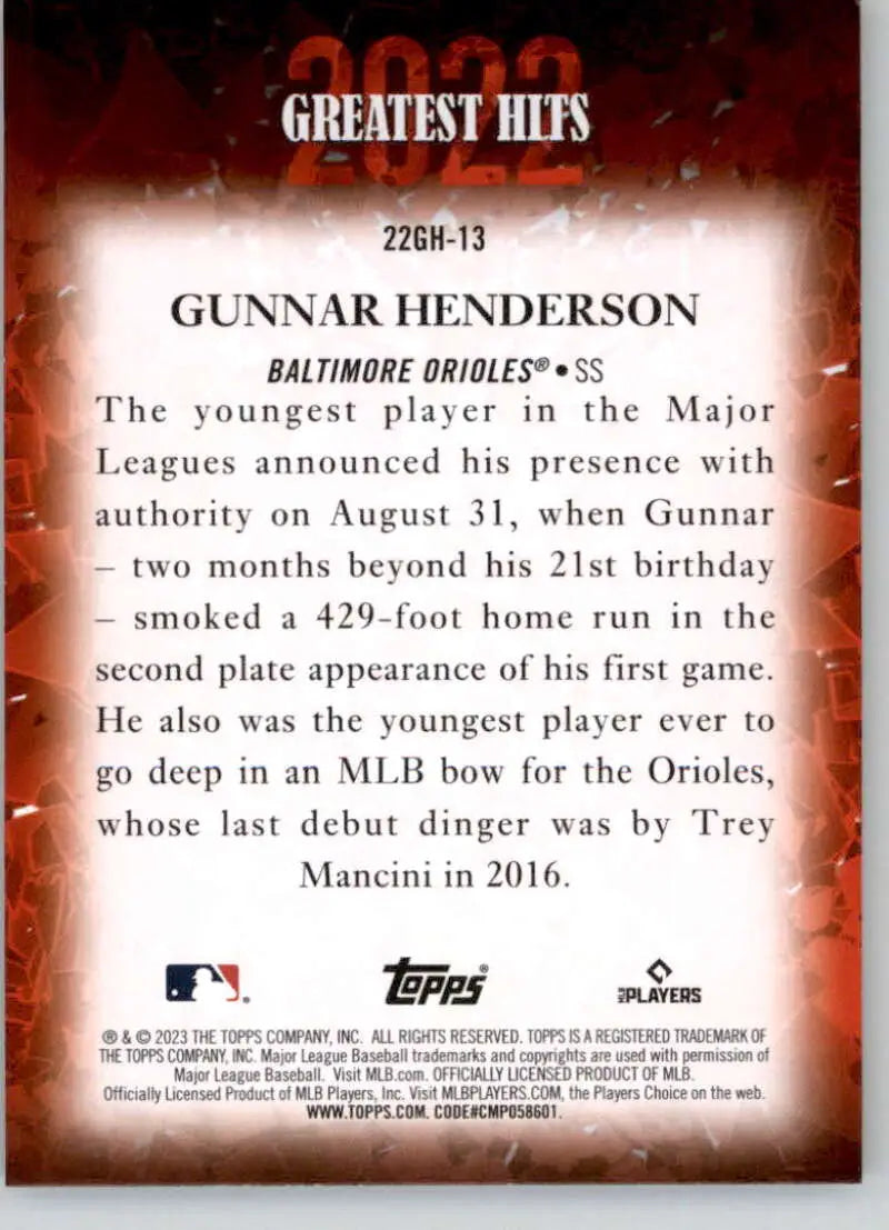 Gunnar Henderson Baltimore Orioles baseball card showcasing Greatest Hits career highlights