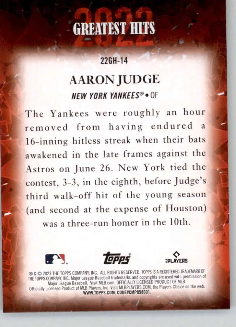 Baseball card of Aaron Judge’s 2022 Greatest Hits moment with the New York Yankees