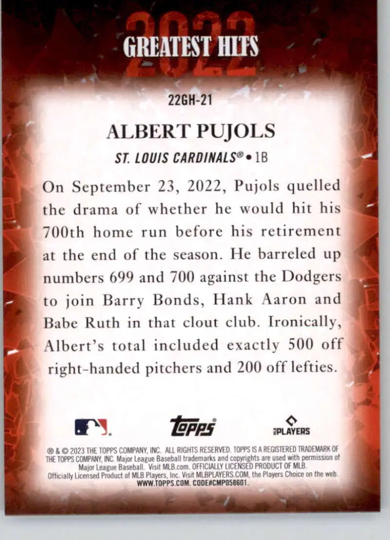 Albert Pujols 700th home run baseball card from 2023 Topps St. Louis Cardinals collection
