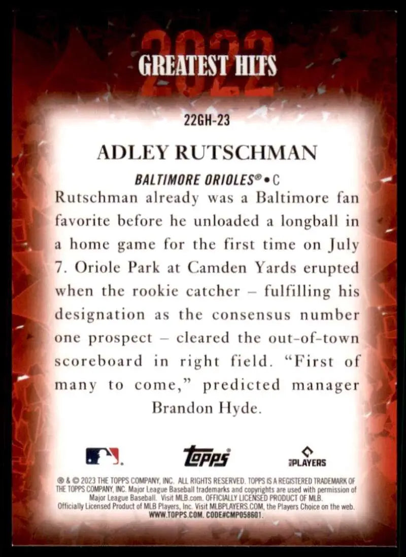 Adley Rutschman Baltimore Orioles baseball card featuring his first home run details